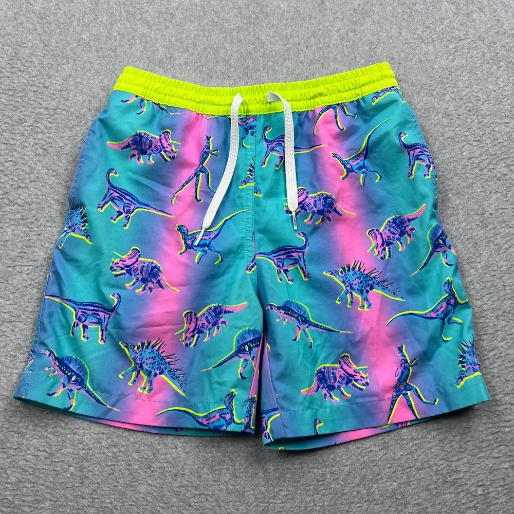 Chubbies Dino Delights Swim Trunks Youth 10/12 Teal Dinosaur Lined Mesh Pockets